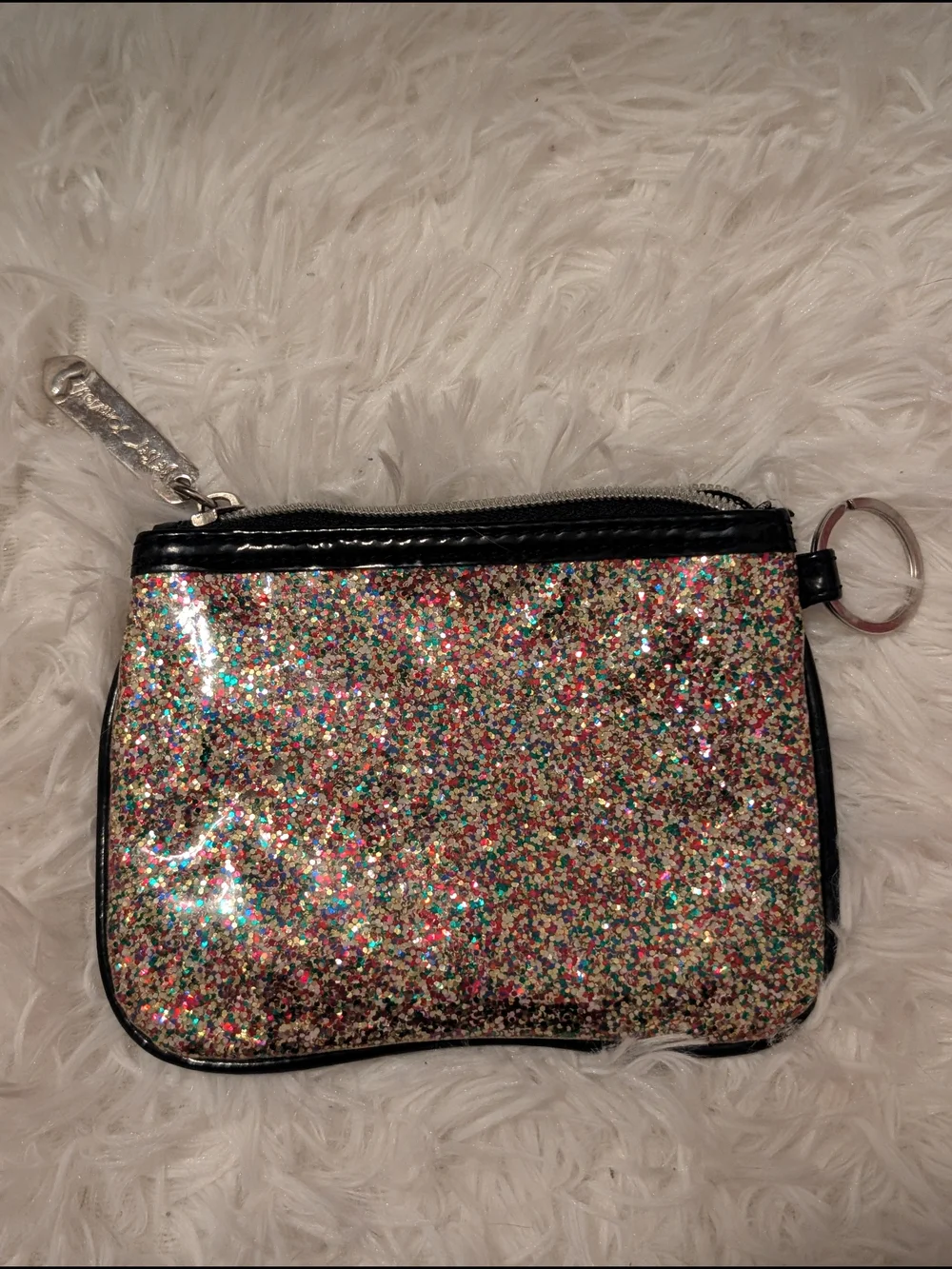 Betsey Johnson Multicolor Glitter Cosmetic Pouch with Black Trim